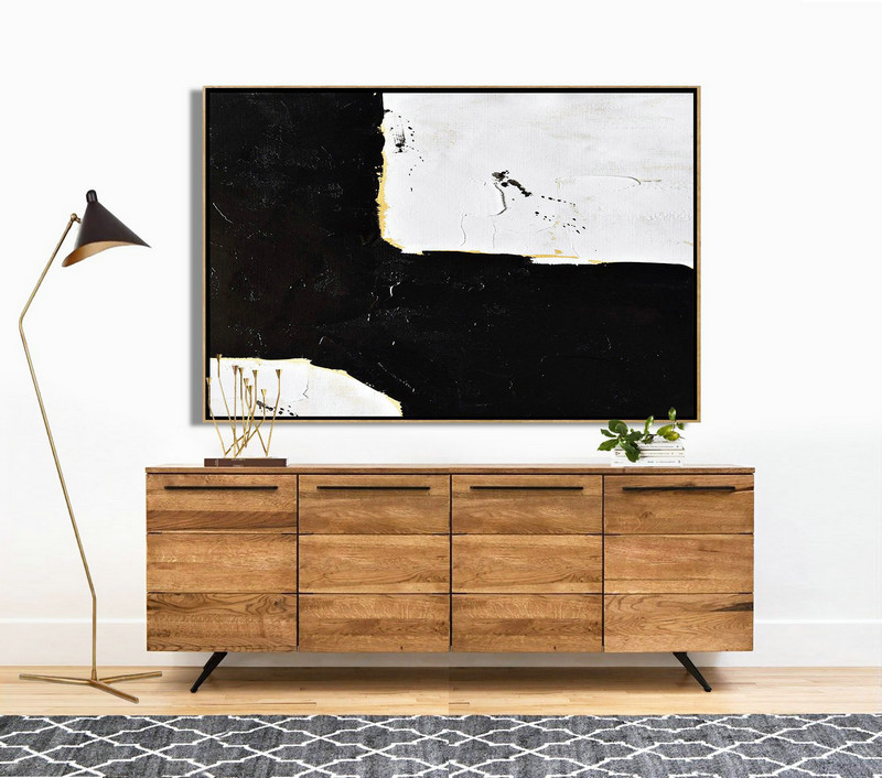 Large Paintings For Living Room,Horizontal Palette Knife Minimal Canvas Art Painting Black White Beige - Original Abstract Painting Canvas Art